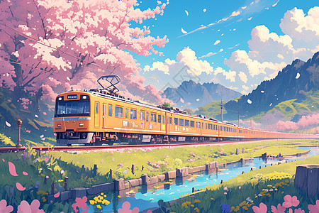 樱花列车插画背景图片