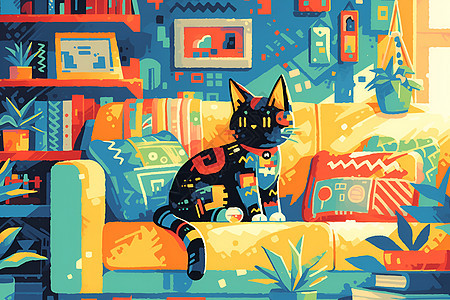 彩色奇幻猫咪在客厅图片