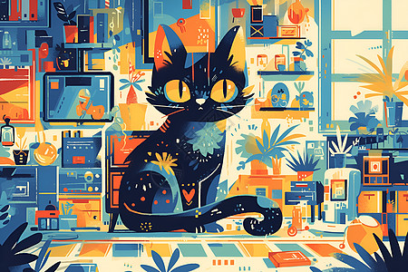 猫咪与丰富色彩装饰图片