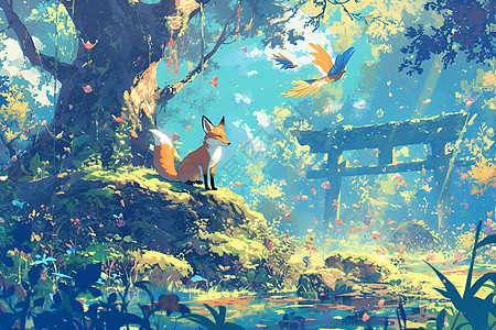 森林中的可爱狐狸插画图片