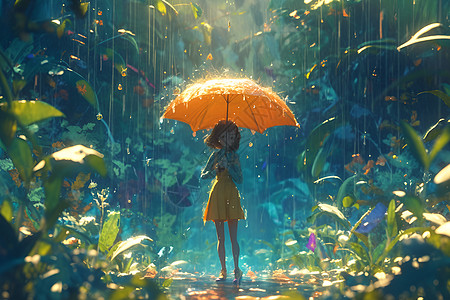 少女撑伞步入花林图片