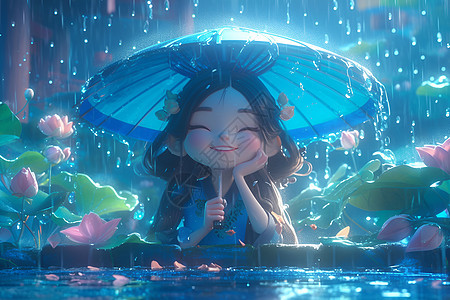 雨伞下的快乐少女图片