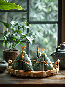 竹篮里的绿色粽子图片