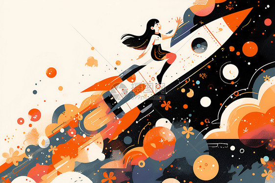 火箭上的女孩艺术插画图片