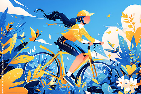 自行车插画森林中的骑行女孩插画