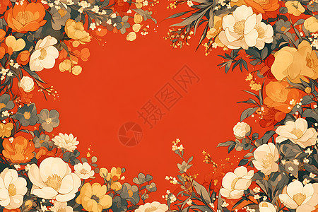 红色城门红色背景中的花朵插画