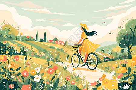 骑自行车的女人在花丛中图片