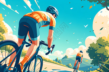 自行车运动员阳光下男子骑车穿过森林和草地插画