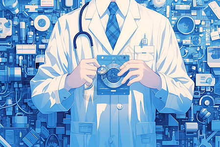 白衣医生与蓝调的医疗工具图片