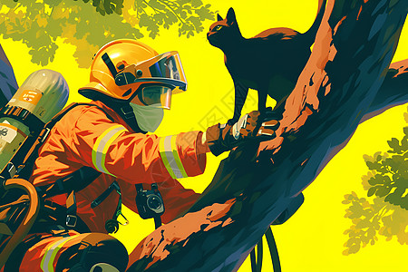 高速救援火信中营救猫咪的消防员插画