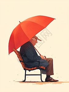 红白条老人撑着红伞坐在长凳上插画