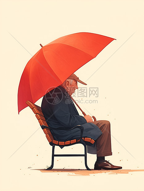 老人撑着红伞坐在长凳上图片