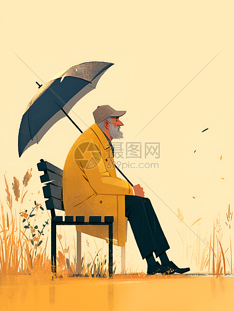 老人撑着伞坐在长凳上图片