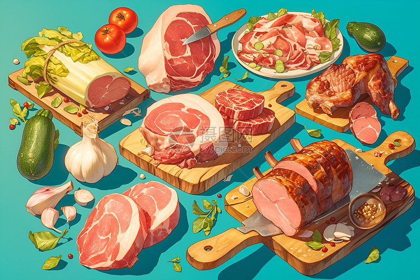 色彩斑斓的猪肉与蔬菜盛宴图片