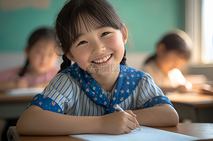 活力四溢的小女孩在教室里图片