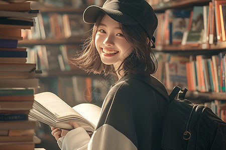 背着书包的女孩在书店图片