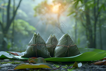 端午节父亲节海报绿叶上的粽子背景