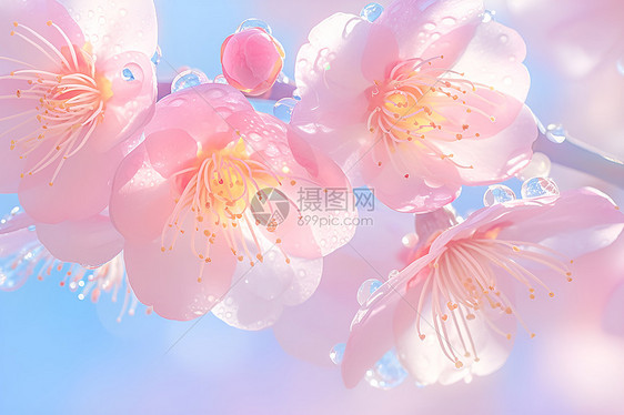 美丽桃花上的露珠图片