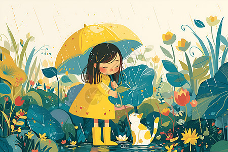 雨中黄衣少女与猫图片