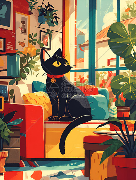 单人沙发上的黑猫图片