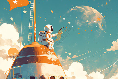 宇航员在火箭顶上背景图片