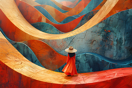 红裙子女子站在红黄墙边背景图片