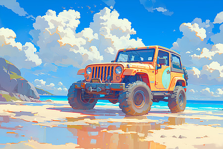 沙滩海洋停靠沙滩的吉普车插画