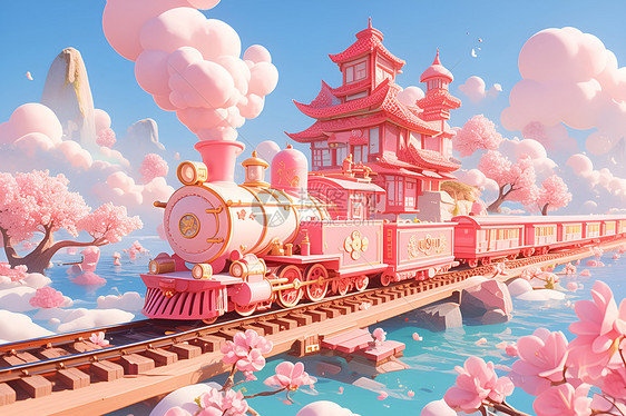 粉色火车穿过花树图片