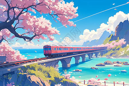 樱花中的粉色列车图片