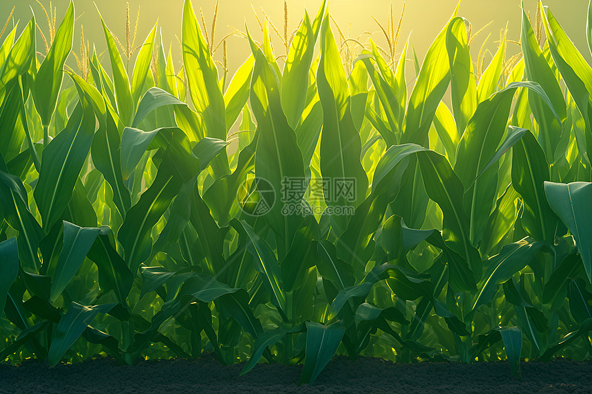 阳光下闪烁绿色光芒的玉米叶图片