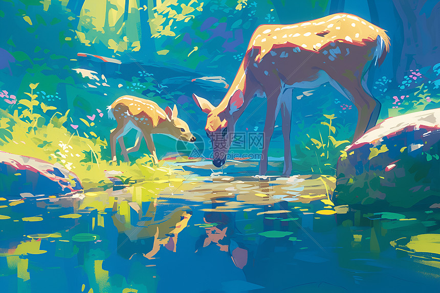母鹿和幼鹿在小溪边图片