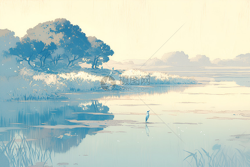 湖中矗立的小鸟图片