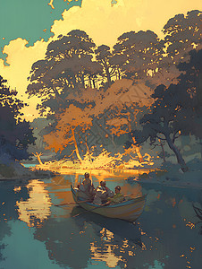 夕阳下湖上的画船图片