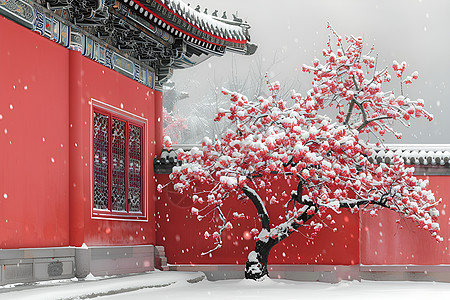雪景建筑冬日盛开的梅花背景