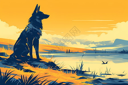 湖边看风景的狗图片