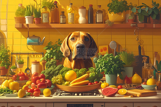 狗坐在堆满蔬菜的厨房里图片