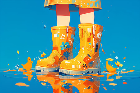彩色雨靴与水坑图片