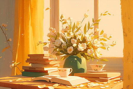 书和芬芳的鲜花背景图片