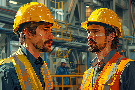 工厂安全生产两名戴黄色安全头盔的工人插画