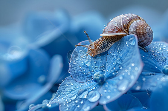 水滴花瓣上的小蜗牛图片