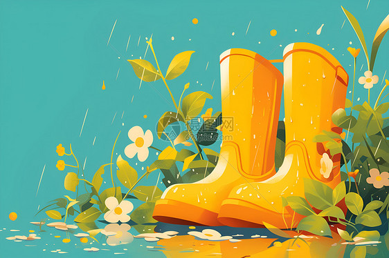 花丛中的雨靴图片