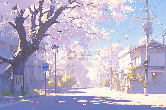 风景绘画中的春日街道图片