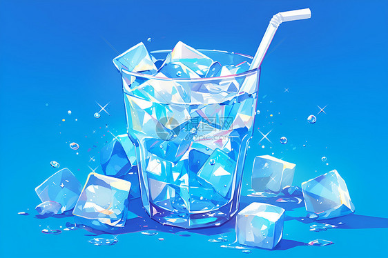 蓝色玻璃杯里的冰块图片