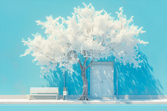 樱花树下的椅子图片