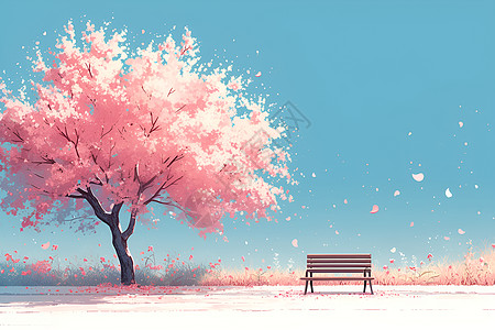 粉色樱花树下的长椅图片