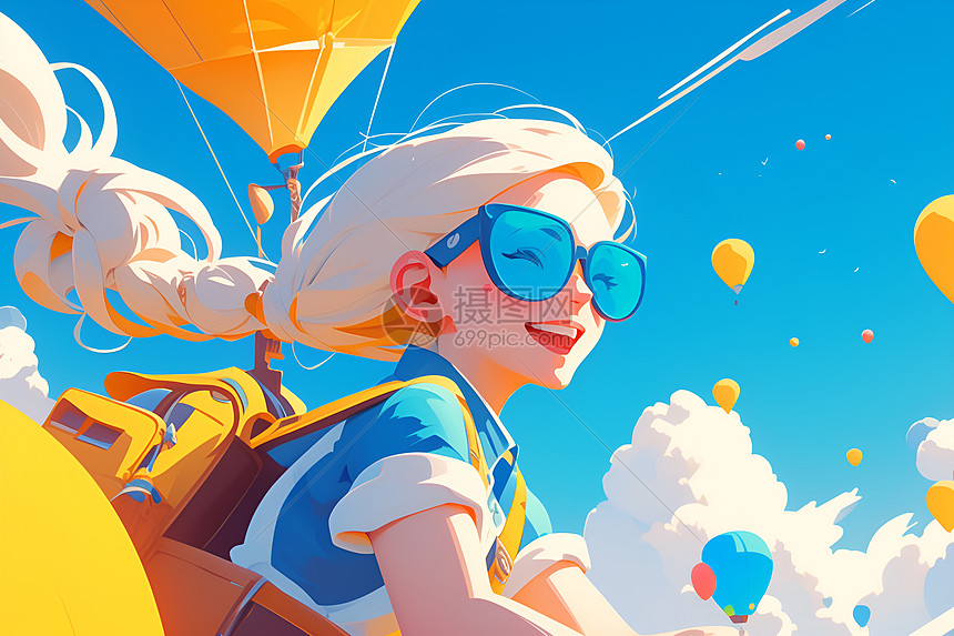 眼镜女孩乘坐热气球图片
