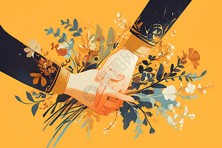 黄色的花相握的两只手插画