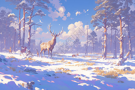 雪地森林里的鹿群图片
