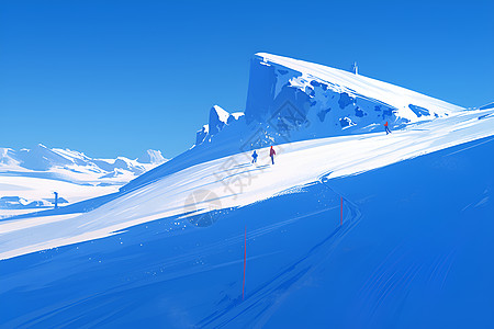 粉红雪山山坡上滑雪的人插画