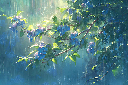 雨丝雨中的美丽花朵插画